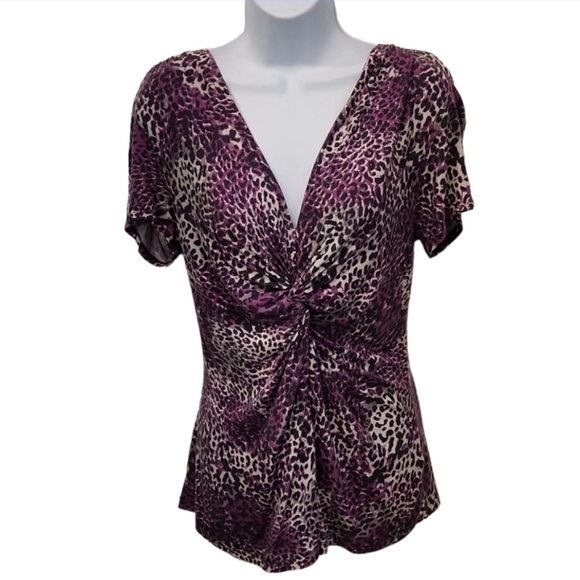 𝅺Nicole Miller Cheetah Print Ruched Front V Neck - Picture 1 of 6